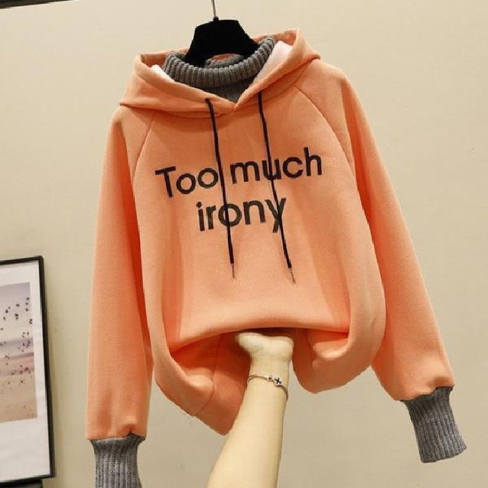 Fake Two-piece Fashion Tops Fleece-lined Thickening Print Letter Hooded Sweater