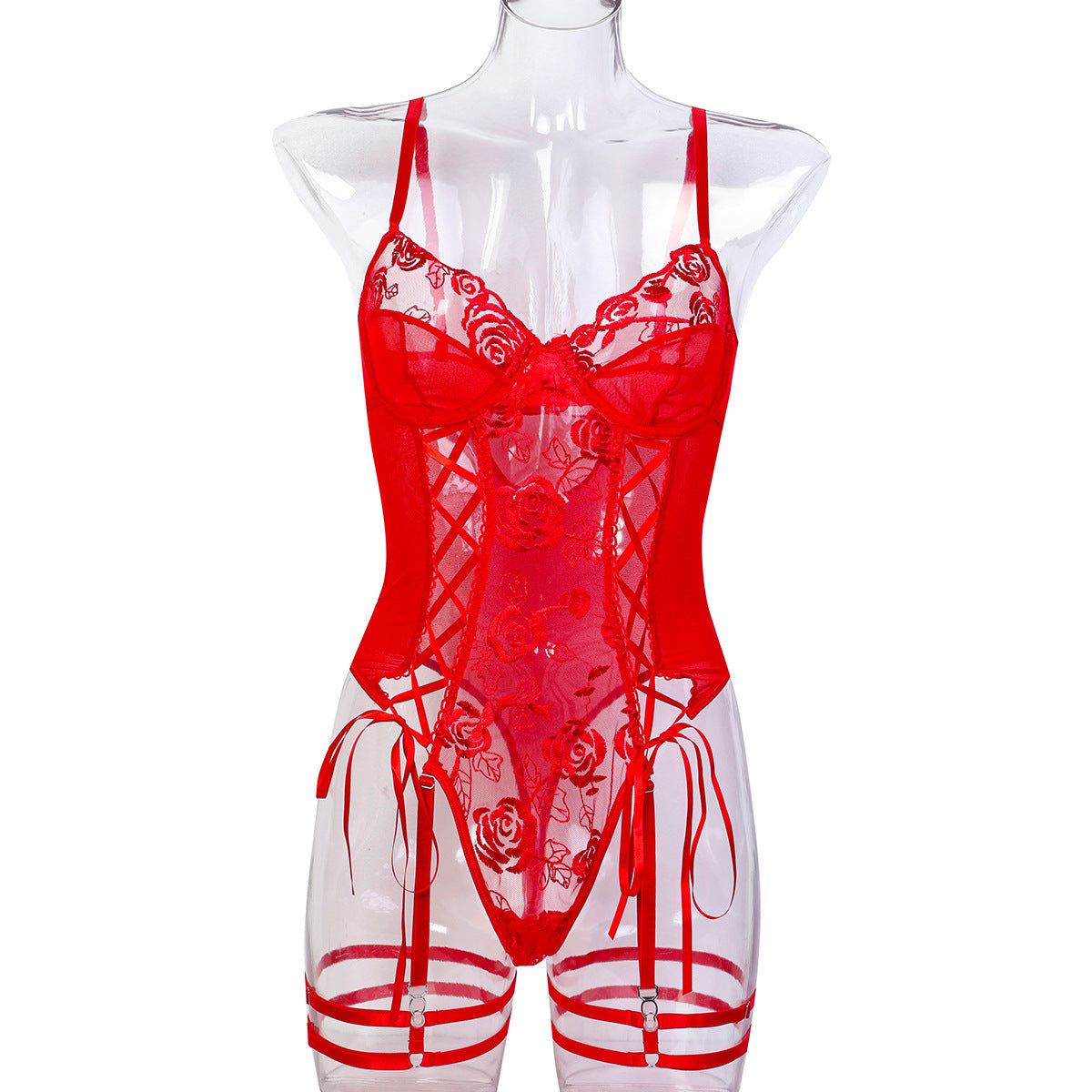 Valentine's Day Red Rose Flower Embroidery Tie-neck Cross Sexy Underwear