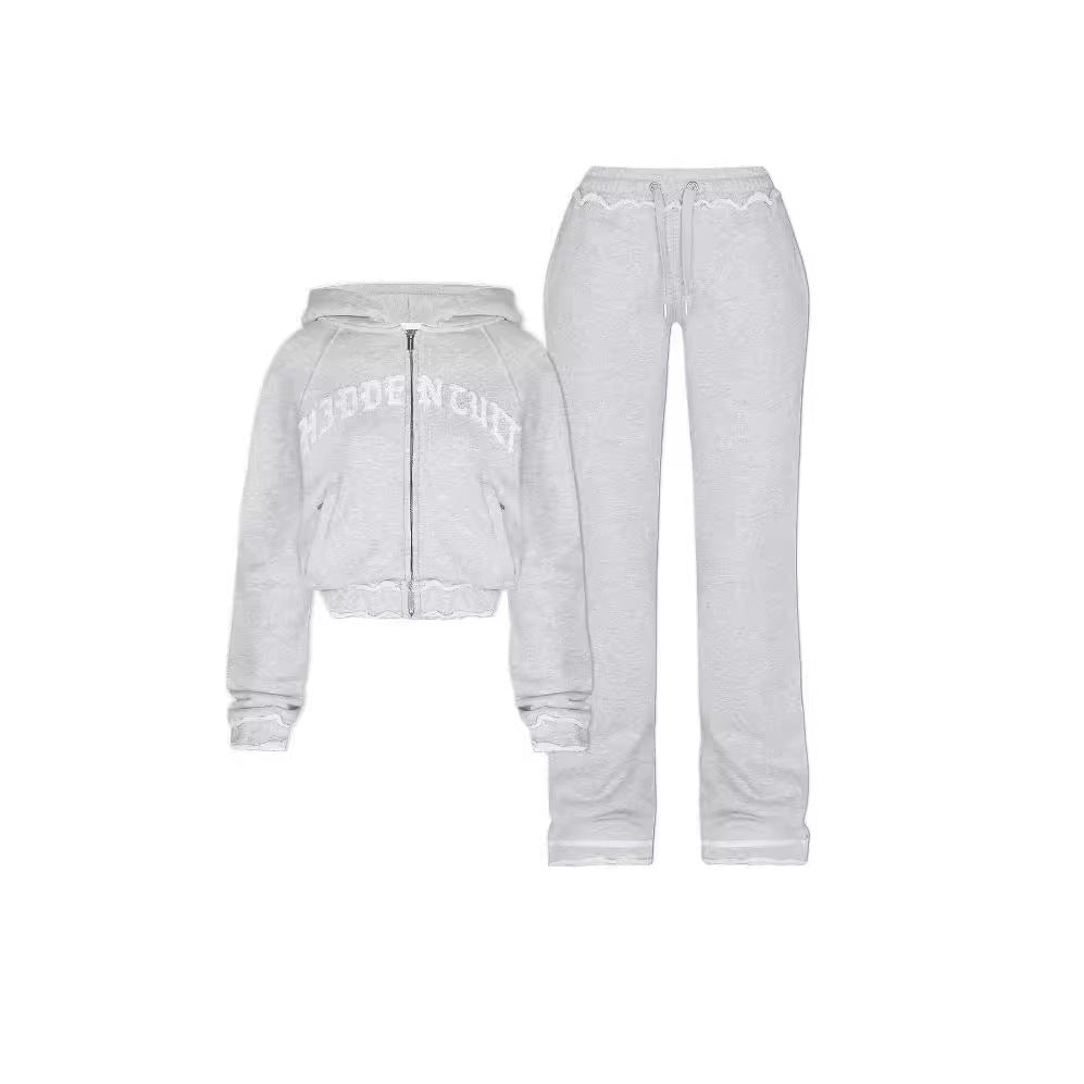 Polyester Casual Cropped Hoodie Trousers Suit