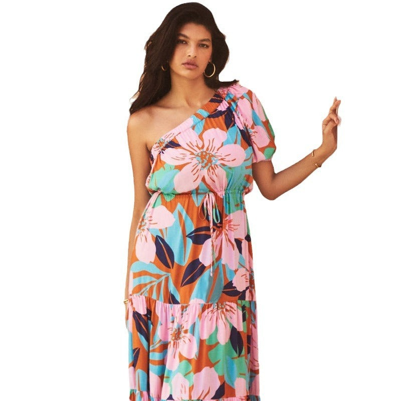 Women's Slant Shoulder Vacation Style Floral Dress