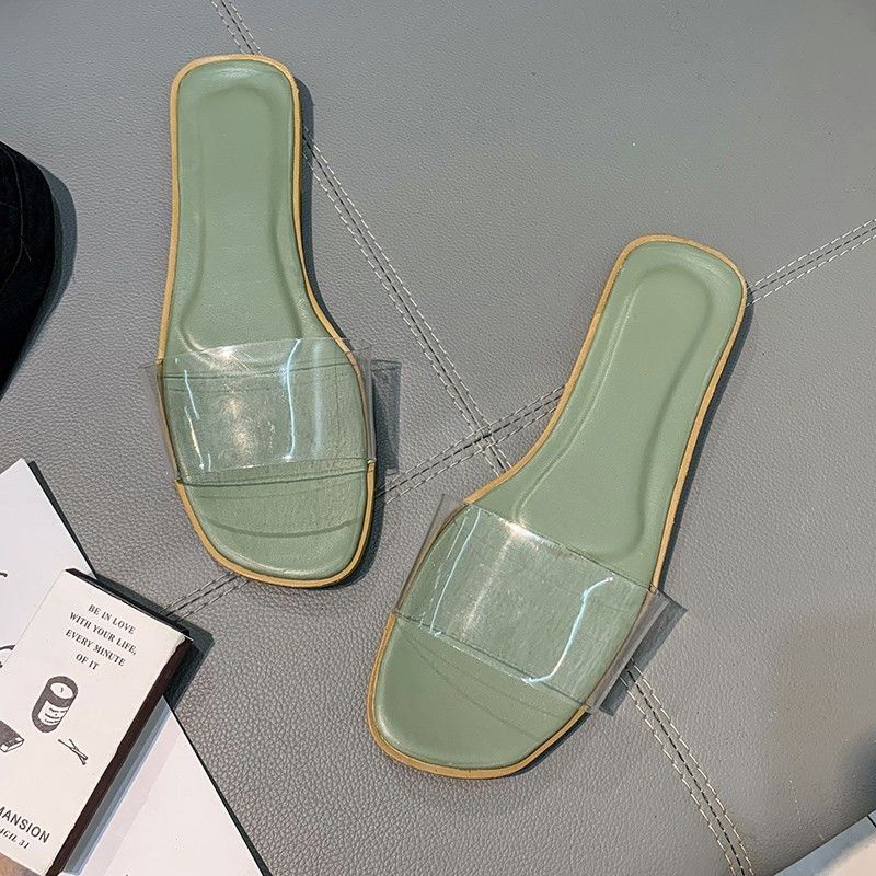 Women's Square Toe Thick Heel Flat Transparent Slippers