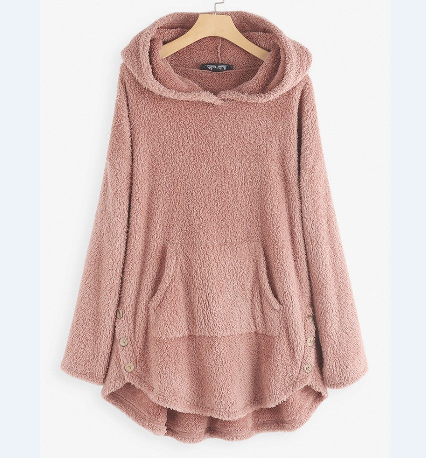 Hooded Pullover Long Sleeve Double-sided Fleece Mid-length Women's Sweater