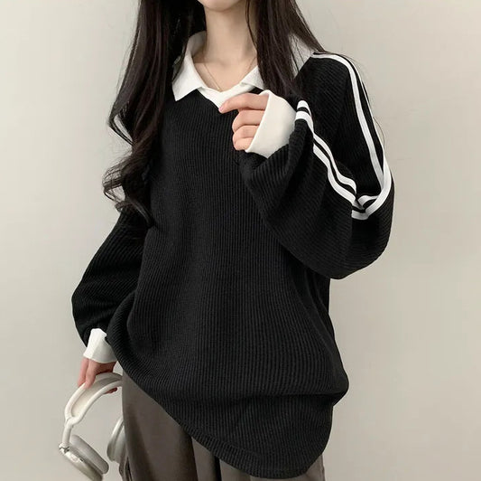 Black Waffle Korean Style Polo Collar Vintage Sweater