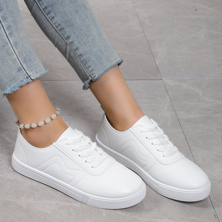 Round Toe Flat Bottom Lace Up Casual Comfortable White Shoes