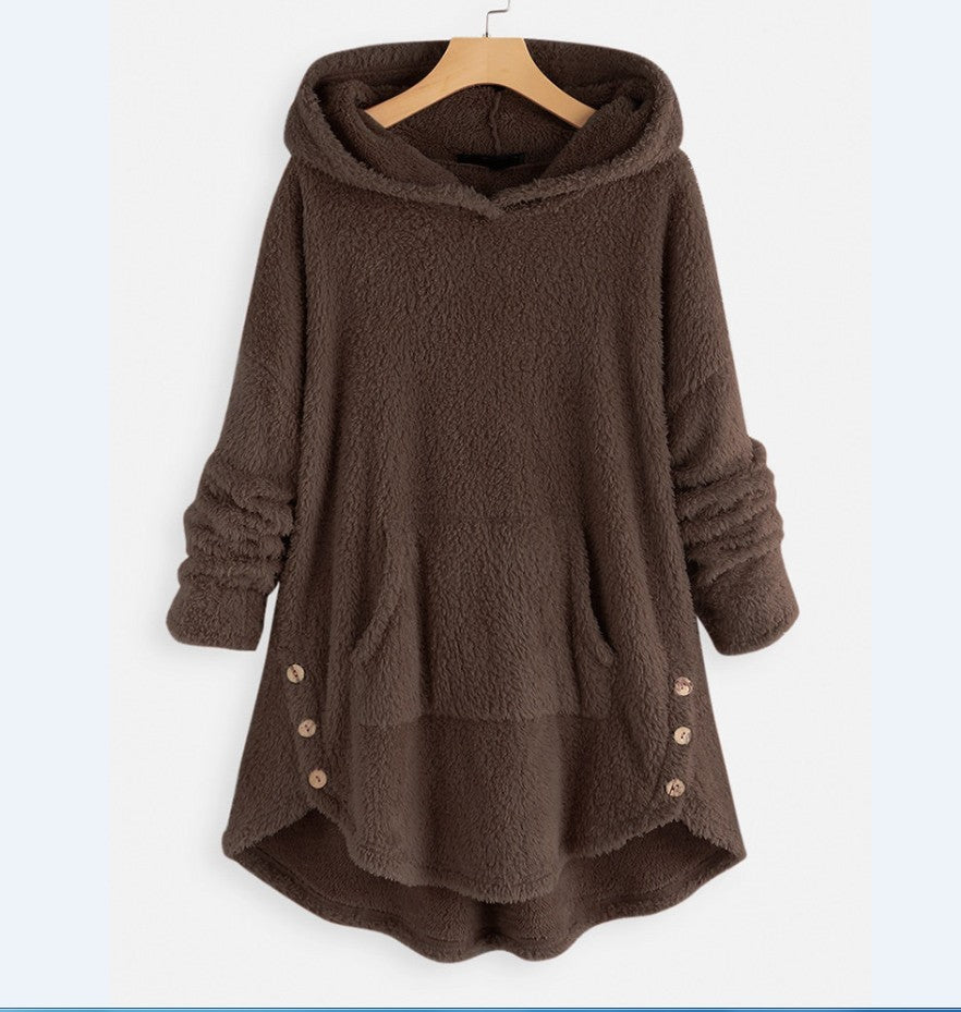 Hooded Pullover Long Sleeve Double-sided Fleece Mid-length Women's Sweater