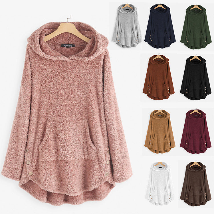 Hooded Pullover Long Sleeve Double-sided Fleece Mid-length Women's Sweater