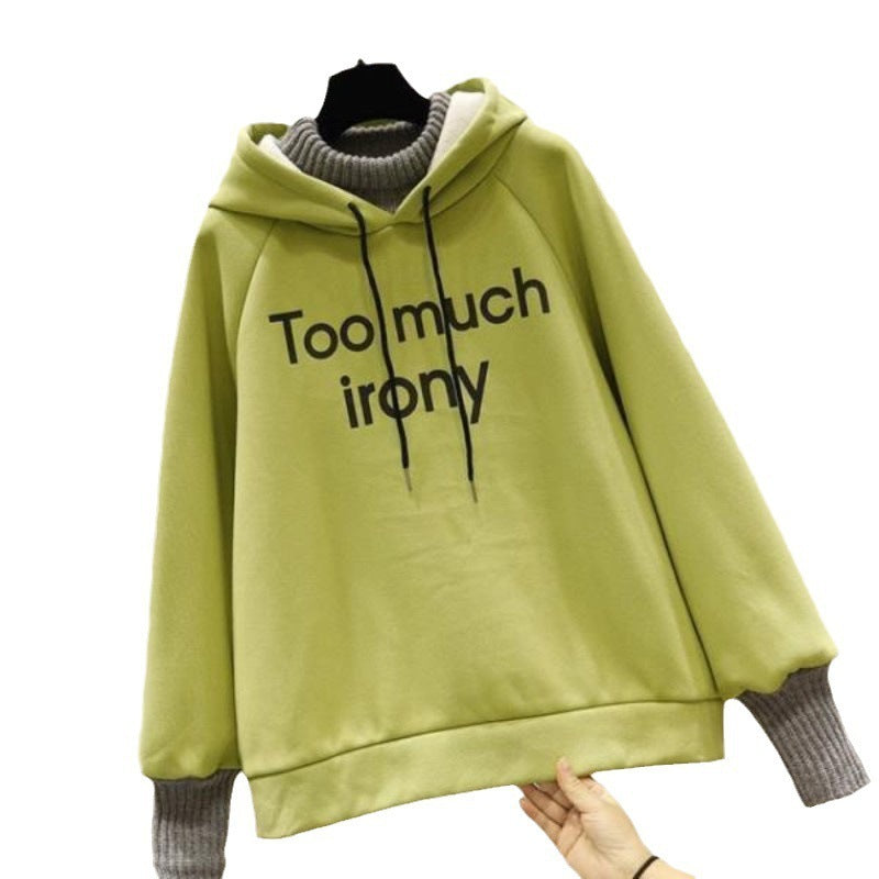 Fake Two-piece Fashion Tops Fleece-lined Thickening Print Letter Hooded Sweater