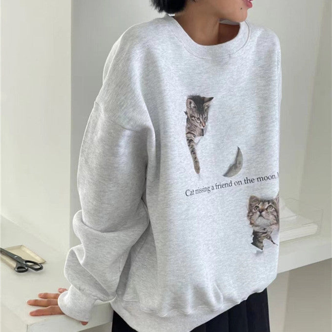 Niche Design Cat Printing Simple Cute Thermal Round-neck Sweater