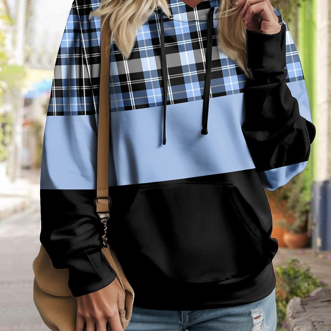 Women's Pullover Plaid Color Block Hoodie Long Sleeve