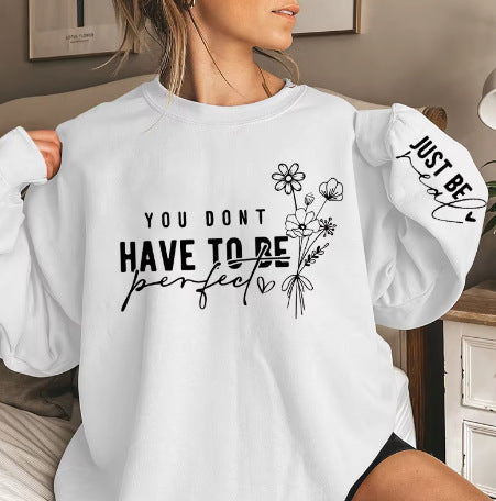 Pullover Round Neck Long Sleeves Flowers Letter Print Sweatshirt