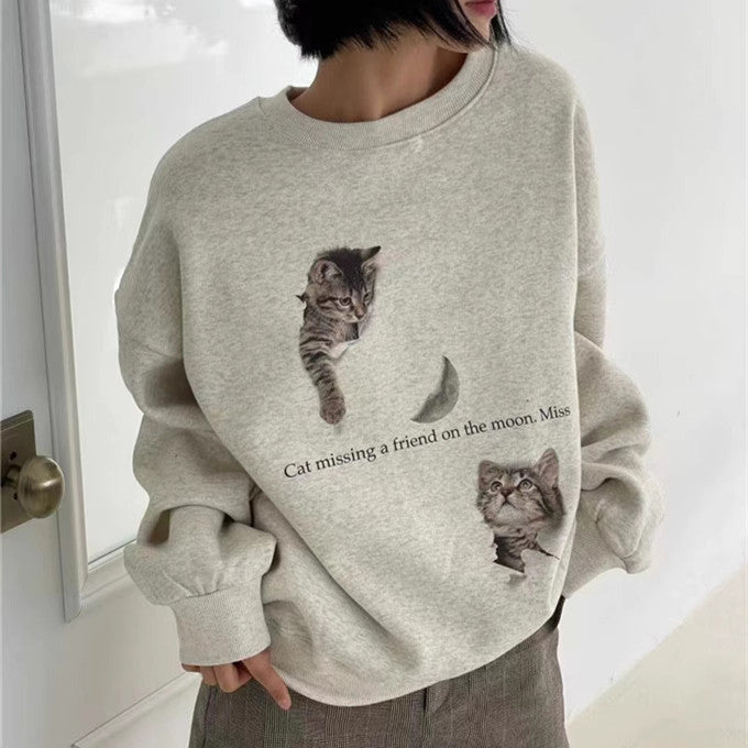 Niche Design Cat Printing Simple Cute Thermal Round-neck Sweater