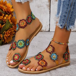 Roman Flat Flower One-word Large Size Shoes