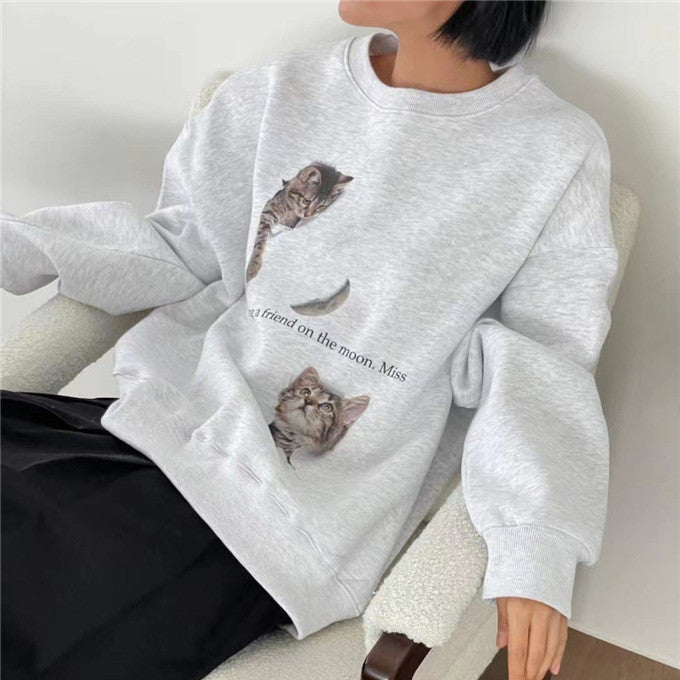 Niche Design Cat Printing Simple Cute Thermal Round-neck Sweater