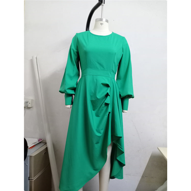 Women's Solid Color Irregular Long-sleeve Round-collar Dress