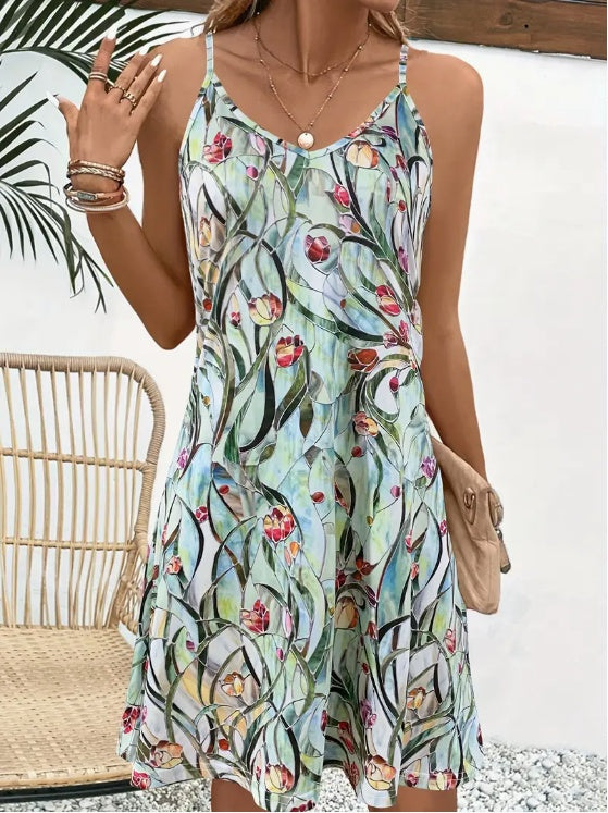 Women's Fashion Strapless Dress With Painting Flower Pattern