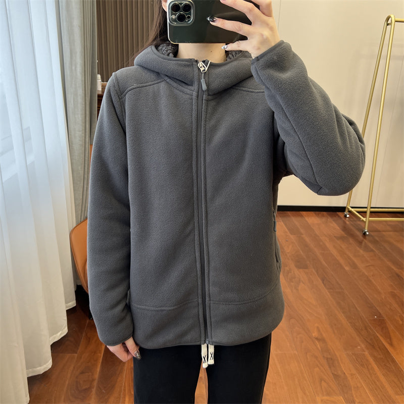 Double-sided Polar Fleece Zipper Hooded Thickened Couple Sweater Women