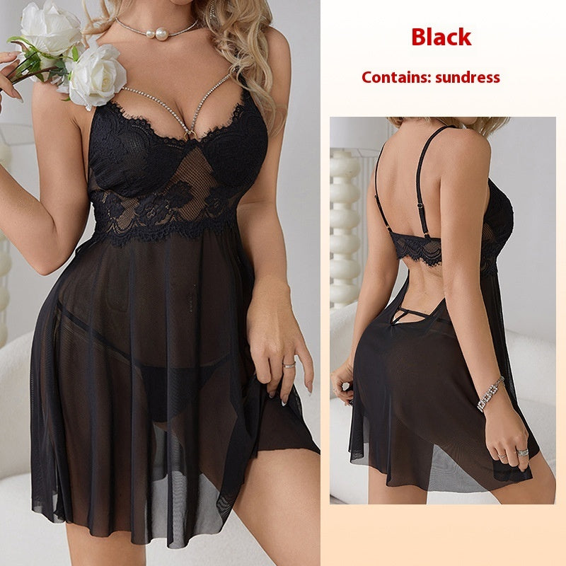 Lingerie Strap Lace Hollow Out See-through Mesh Nightdress