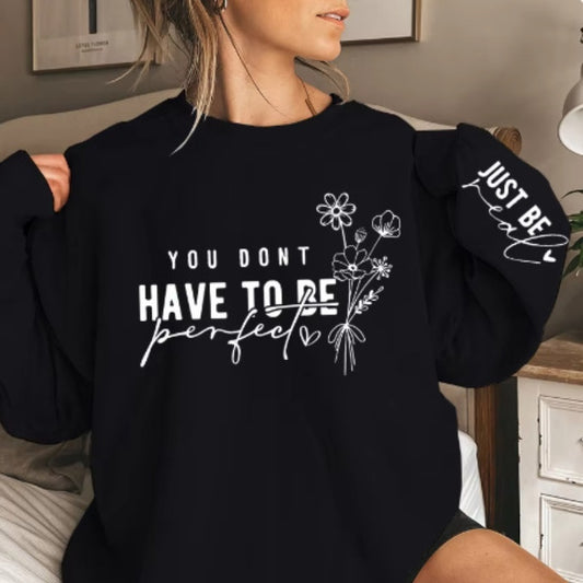 Pullover Round Neck Long Sleeves Flowers Letter Print Sweatshirt