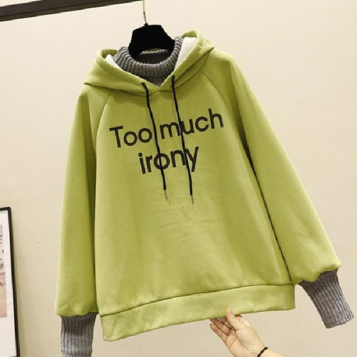 Fake Two-piece Fashion Tops Fleece-lined Thickening Print Letter Hooded Sweater