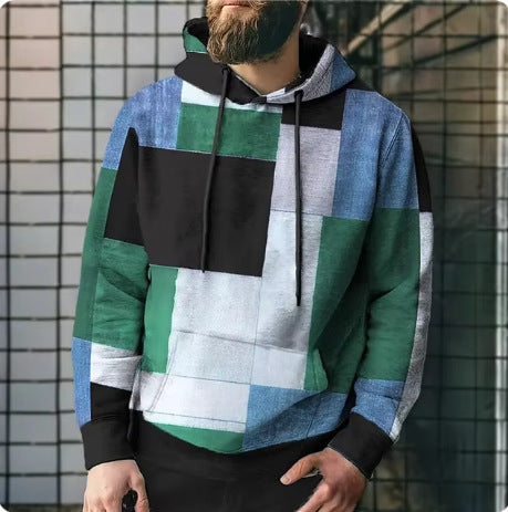 Splicing Plaid Printed Hooded Sweatshirt