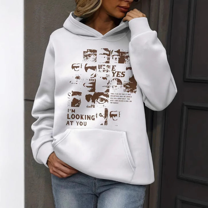 Color Pattern Printed Drawstring Hooded Sweater