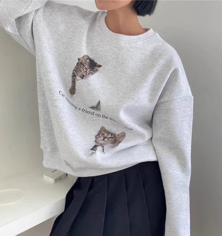 Niche Design Cat Printing Simple Cute Thermal Round-neck Sweater