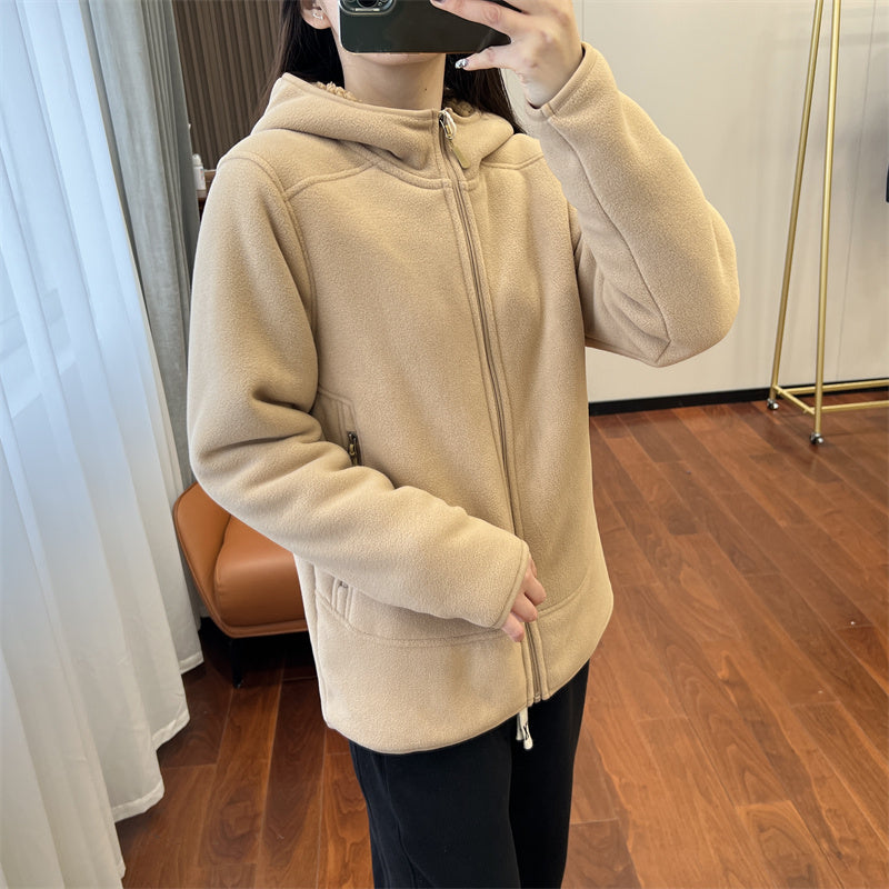 Double-sided Polar Fleece Zipper Hooded Thickened Couple Sweater Women