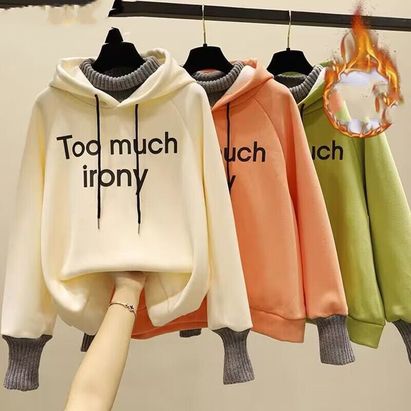 Fake Two-piece Fashion Tops Fleece-lined Thickening Print Letter Hooded Sweater