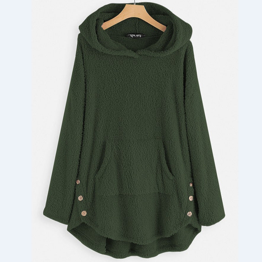 Hooded Pullover Long Sleeve Double-sided Fleece Mid-length Women's Sweater