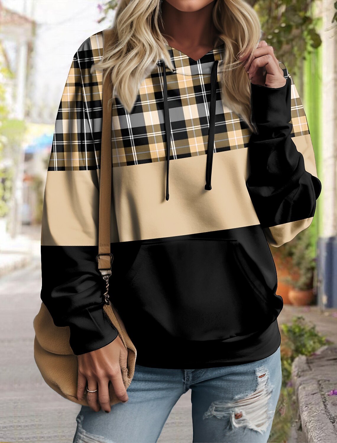 Women's Pullover Plaid Color Block Hoodie Long Sleeve