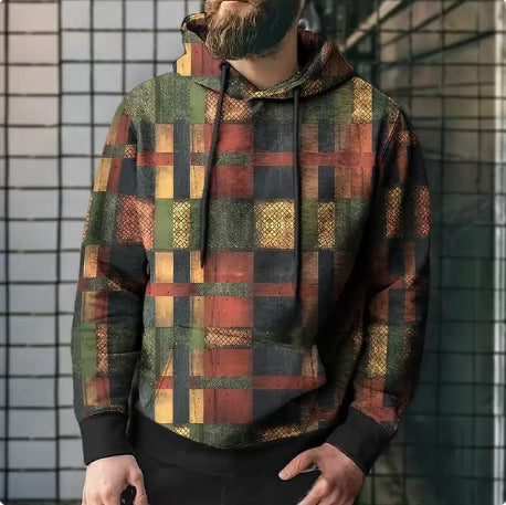 Splicing Plaid Printed Hooded Sweatshirt