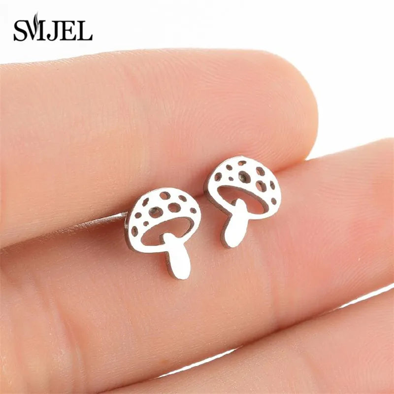 Stainless Steel Mini Stud Earrings Mushroom Cherry Weather Sun Water Droplets Cartilage Ear Piercing Jewelry Skull Face Studs