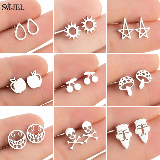 Stainless Steel Mini Stud Earrings Mushroom Cherry Weather Sun Water Droplets Cartilage Ear Piercing Jewelry Skull Face Studs