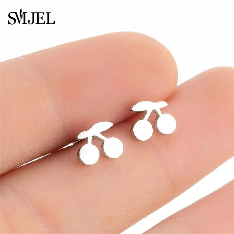 Stainless Steel Mini Stud Earrings Mushroom Cherry Weather Sun Water Droplets Cartilage Ear Piercing Jewelry Skull Face Studs