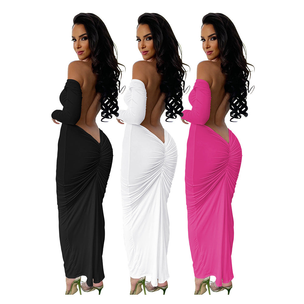 New Backless Long Sleeves Solid Color Dress