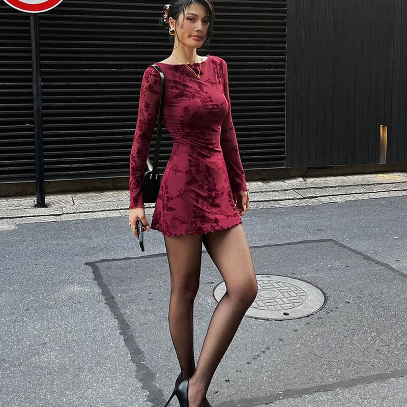 Hot Girl Mesh Floral Round-neck Long-sleeved Dress Women