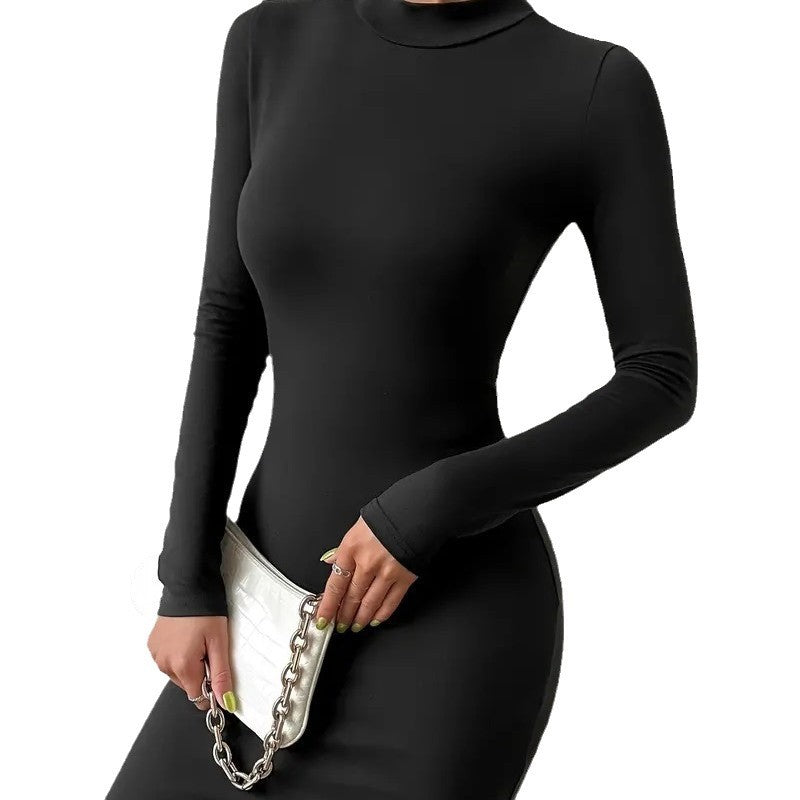 Women's Solid Color Fashion Turtleneck Long Sleeve Tight Dress