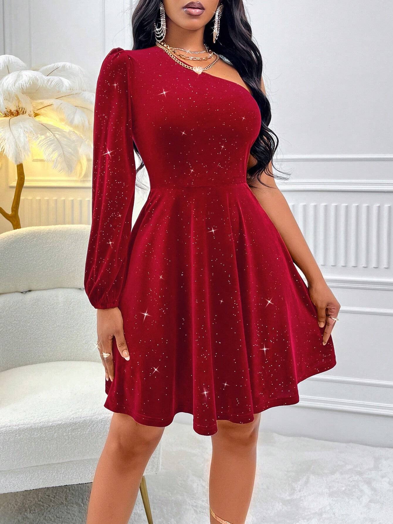 Oblique Shoulder Velvet Solid Color Short Dress