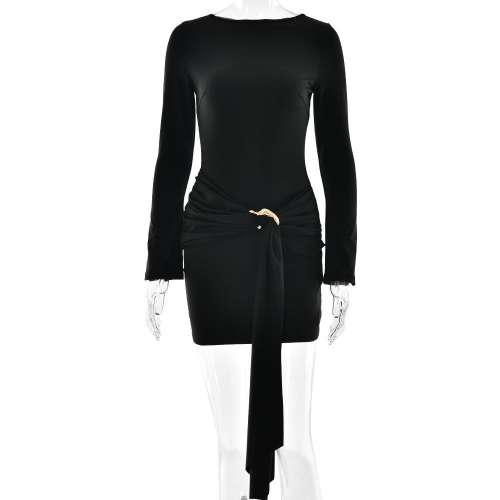 Women's Autumn Temperament Round Neck Long Sleeved Tight Fitting Dress