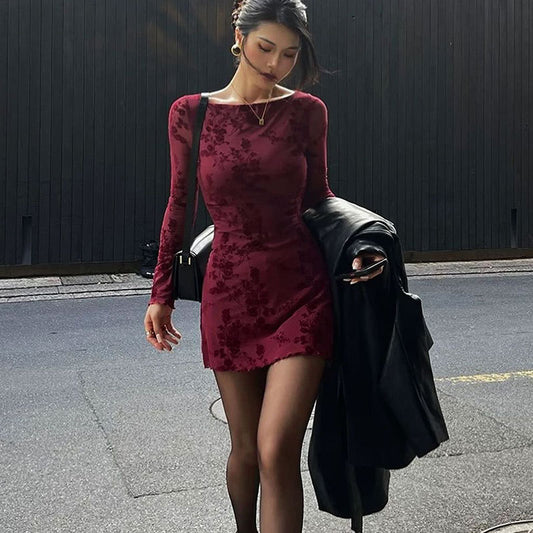 Hot Girl Mesh Floral Round-neck Long-sleeved Dress Women