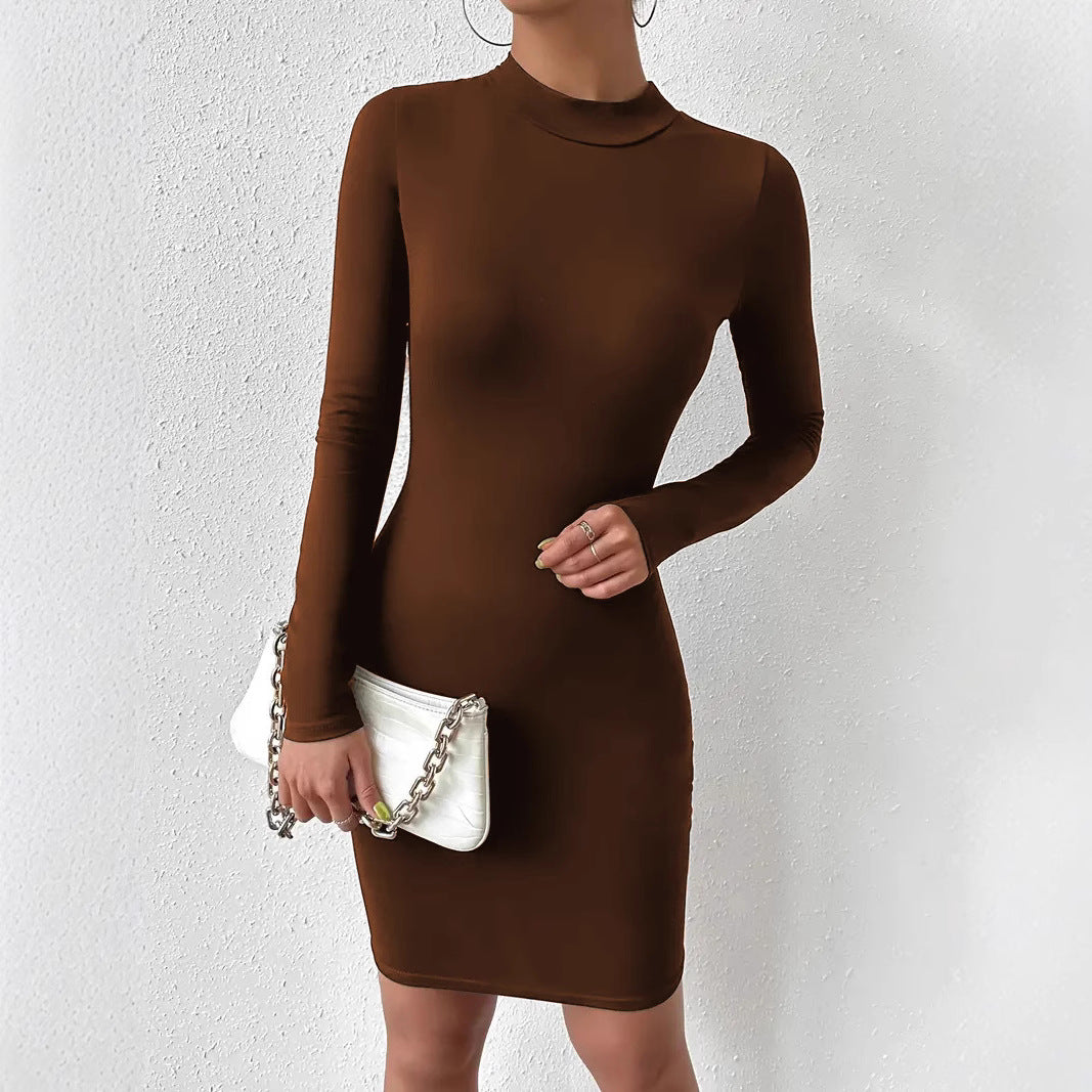 Women's Solid Color Fashion Turtleneck Long Sleeve Tight Dress