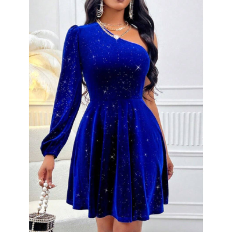 Oblique Shoulder Velvet Solid Color Short Dress