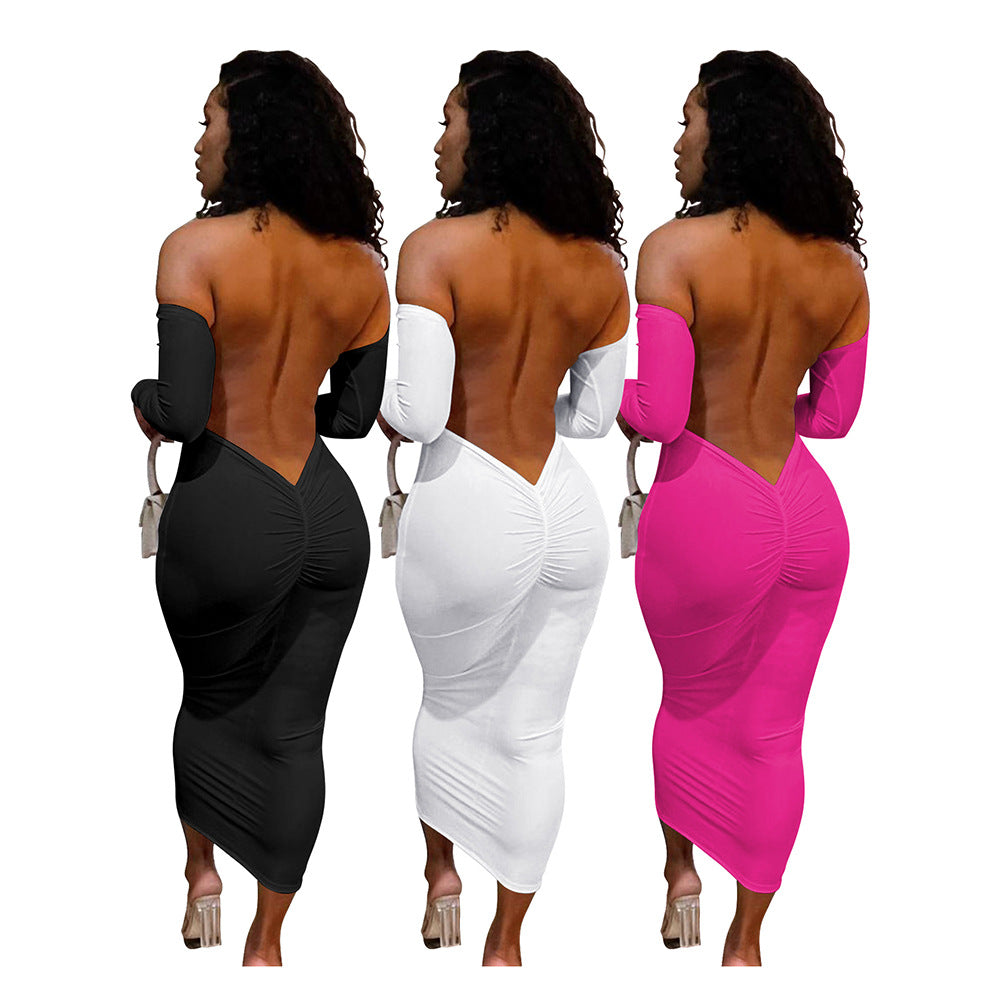 New Backless Long Sleeves Solid Color Dress