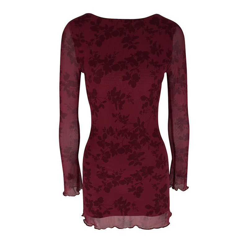 Hot Girl Mesh Floral Round-neck Long-sleeved Dress Women