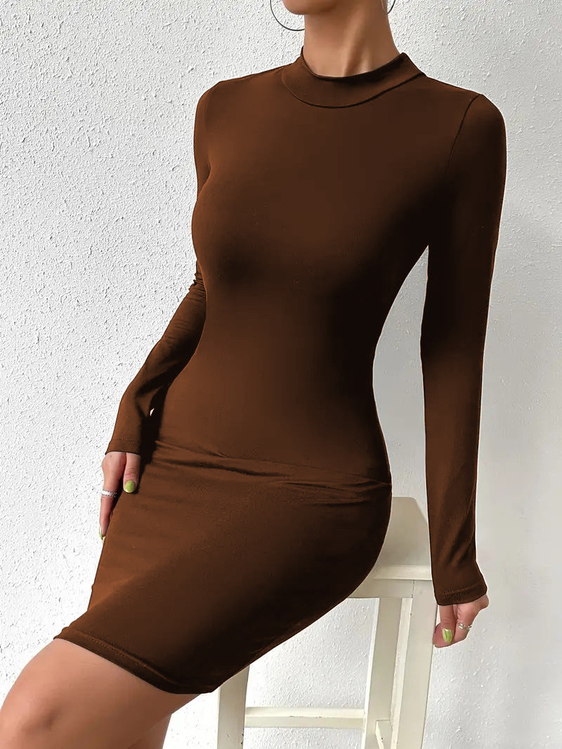 Women's Solid Color Fashion Turtleneck Long Sleeve Tight Dress