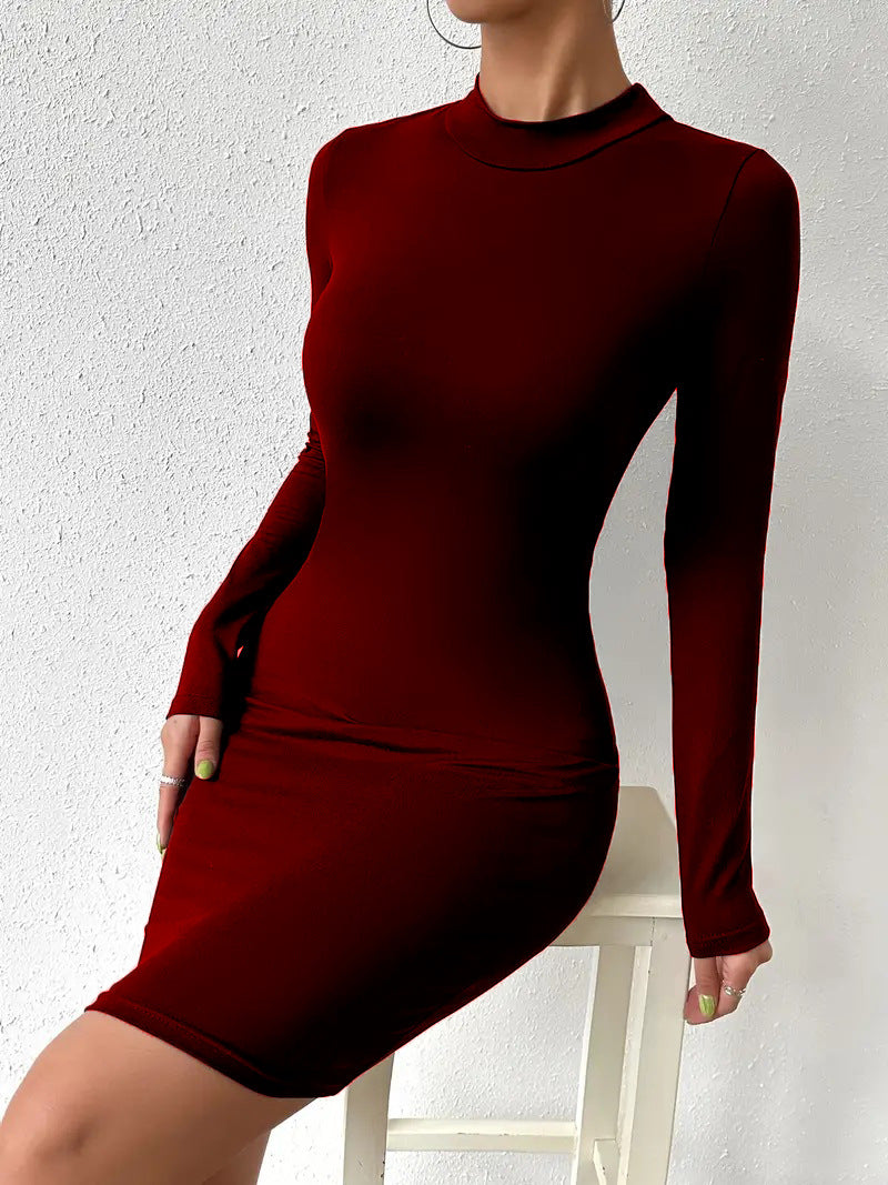 Women's Solid Color Fashion Turtleneck Long Sleeve Tight Dress