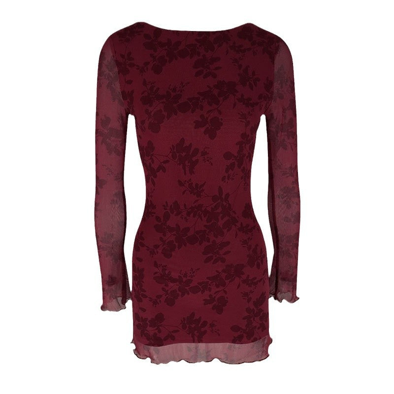 Hot Girl Mesh Floral Round-neck Long-sleeved Dress Women