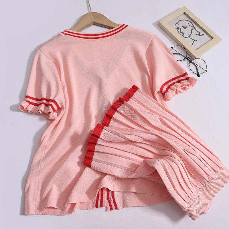 Women New Sweet Summer Knit Set V-neck Single Breasted Short Sleeved Cardigan Tops And High Waist Mini Pleated Skirt Female Suit