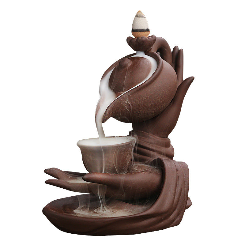 1pc, Creative Home Decorations Zen Meditation Buddha Hand Lotus Tea Ceremony Backflow Incense Burner Candle Holders Home Decor