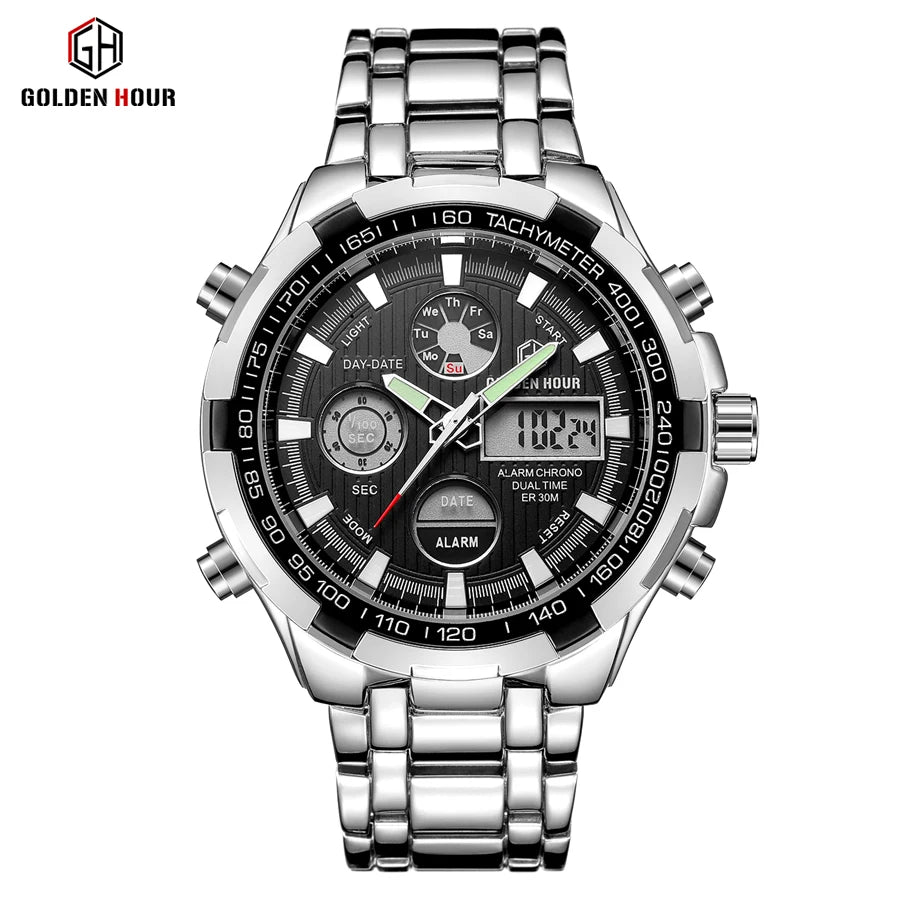 GOLDEN HOUR Top Brand Luxury Men Watches Business Sport Quartz  Luminous Point Hands Alarm Setting With Dual Display Wristwatch